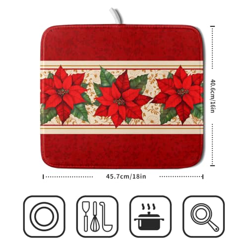 Poinsettia Flowers Dish Drying Mat 16"x18" Christmas Red Decorative Dish Drainer Mats Xmas Winter Floral Print Reversible Microfiber Dish Drying Rack Pad for Kitchen Countertop Sink