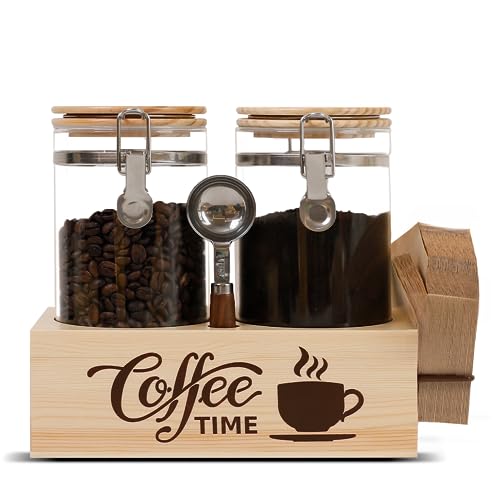 Glass Coffee Canister Set with Shelf & Spoon 2 Piece Coffee Containers for Coffee Bean Storage Airtight Seal