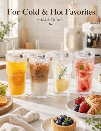 20 oz Ribbed Glass Tumblers with Lids and Straws (4 Count)
