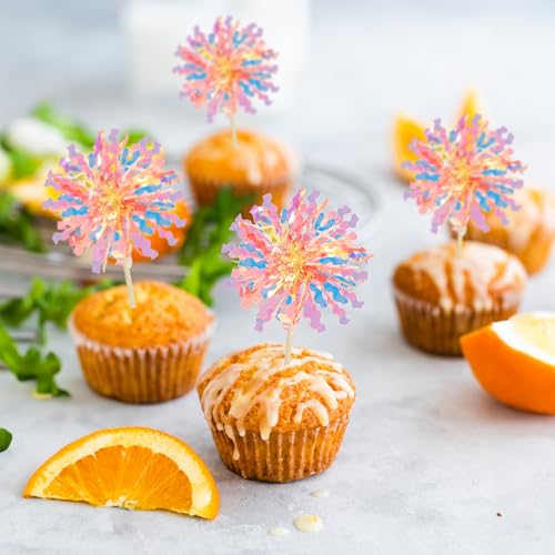 30Pcs Foil Firework Cupcake Toppers Happy Birthday Cake Toppers Tinsel Flower Drink Stirrers Cocktail Food Fruit Toothpicks for Valentine's Day Party Decorations Orange (30 Count)