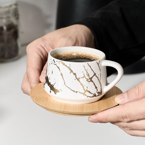 Ceramic Espresso Cups with Saucers and Metal Stand (7.6 Count)
