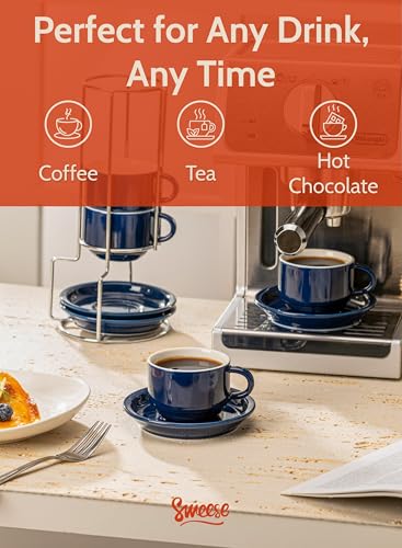 8 Ounce Porcelain Stackable Cappuccino Cups with Saucers and Metal Stand