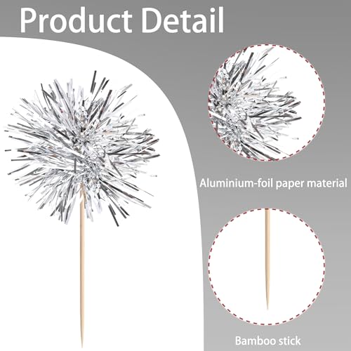 40 PCS Foil Firework Cupcake Toppers Fireworks Cupcake Picks Sparkle Tinsel Cake Decorations Cocktail Fruit Toothpick for Firework Theme Birthday Wedding Graduation Party Decorations Supplies Silver (40 Count)