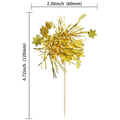 30Pcs Star Foil Firework Cupcake Toppers Sparkle Tinsel Cake Toppers Tinsel Drink Cake Decoration Cocktail Picks for Birthday Wedding Graduation Party Supplies Gold (30 Count)
