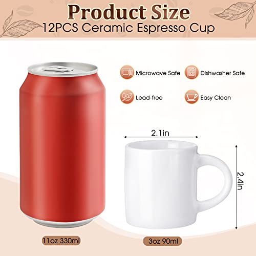 12 Pieces 3 oz Espresso Mugs Espresso Cups Mini Coffee Mugs with Handles Porcelain Coffee Cups Ceramic Smooth Demitasse for Tea Drinks Cocoa Milk Water