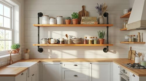 Industrial Pipe Shelving Shelf Rustic Wood Wall Shelves Industrial Floating Shelves for Wall 48 Inch Farmhouse Bookshelf Pipe Shelves Living Room Kitchen
