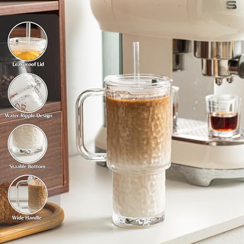 24 oz Water Ripple Glass Tumbler with Handle and Lid