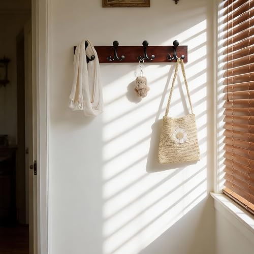 24 Inch Cherry Wood Coat Rack Wall Mount with 4 Triple Hooks