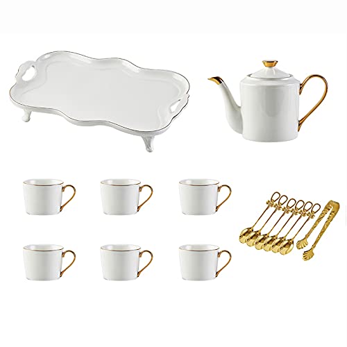 Utility White Porcelain Coffee Tea Set Tea Gift Sets with Tray Teaspons Tea Cup Teapot 1200Ml 6 Cups 240Ml Modern Tea Service for Tea
