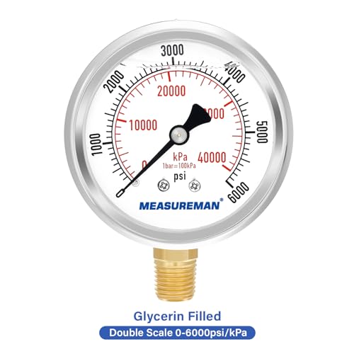 2-1/2" Dial Size, Glycerin Filled Pressure Gauge, 0-6000psi/kpa, 304 Stainless Steel Case, 1/4" NPT Lower Mount