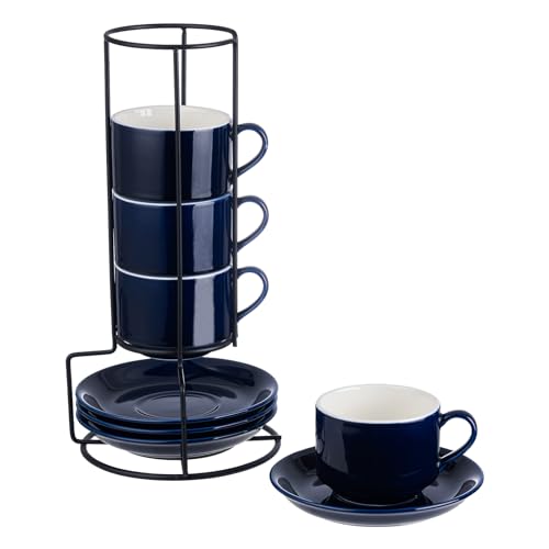 8 Ounce Porcelain Stackable Cappuccino Cups and Saucers Set of 4 (4 Count)