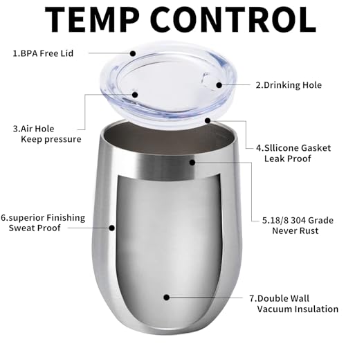 12oz 4 Pack Wine Tumbler Glasses with Lid Stemless Double Wall Vacuum Stainless Steel Travel Tumbler Keeping Cold & Hot for Wine