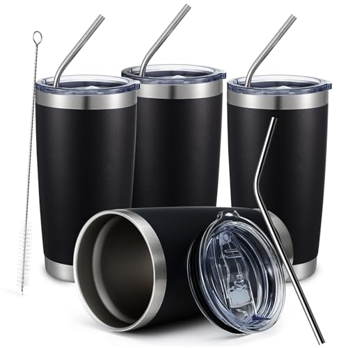 20oz Black Tumbler 4 Pack Stainless Steel Insulated Travel Mug with Lid and Straw Vacuum Double Wall Coffee Cup for Hot Beverage and Cold Drinks (4 Count)