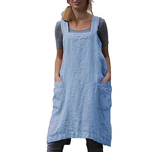 Cotton Linen Apron Cross Back Apron for Women with Pockets Pinafore Dress for Baking Cooking