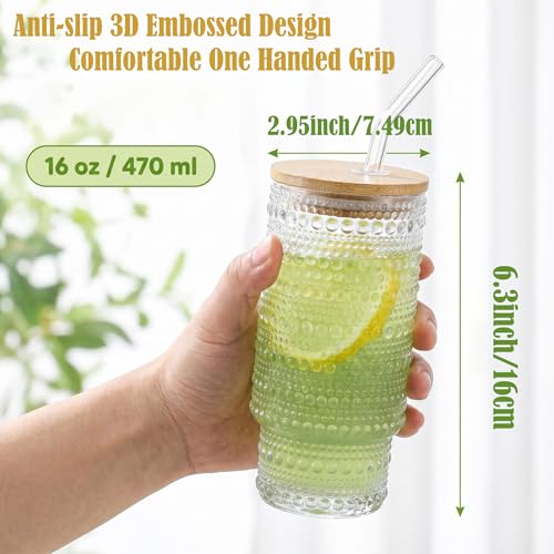 Glass Cups with Lids and Straws 16 oz Hobnail Drinking Glasses (4 Count)