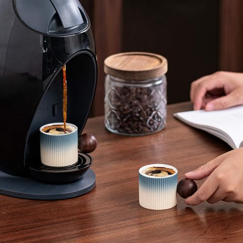 Ceramic Mini Espresso Cups Demitasse Cups with Round Wooden Handle Vertical Stripes Tea Cups (2 Count)