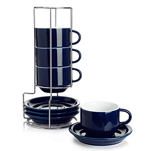 8 Ounce Porcelain Stackable Cappuccino Cups with Saucers and Metal Stand