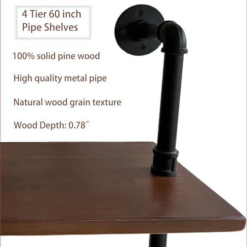 60 Inches Industrial Pipe Wall Shelves Pipe Shelving with Real Wood Plank