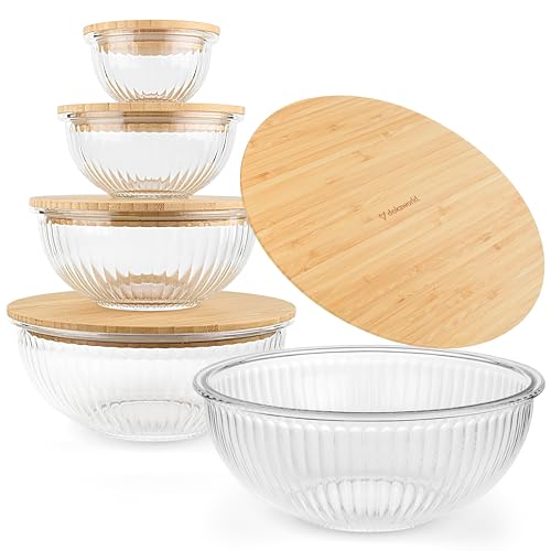 Stackable Glass Mixing Bowls with Bamboo Lids Set of 5