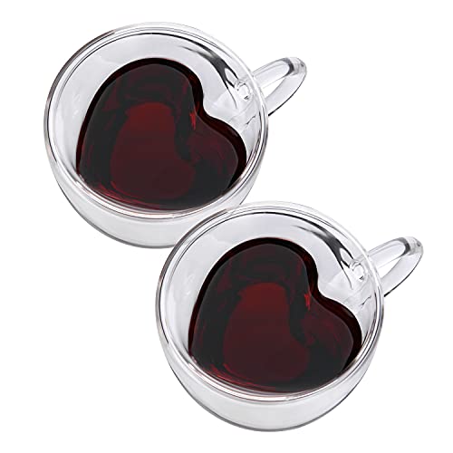 Double Wall Heart Shaped Glass Coffee Mugs 8.5oz (2 Count)