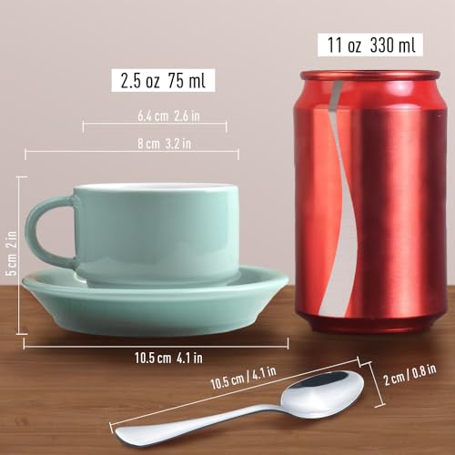 Premium Espresso Shot Cups and Saucers Set with Espresso Stainless Steel Spoons (6 Count)