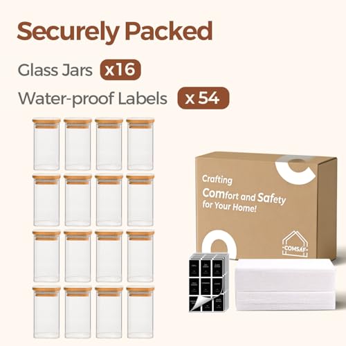 Square Glass Spice Jars with Labels 10 oz 16 Pack with Bamboo Lids (16 Count)