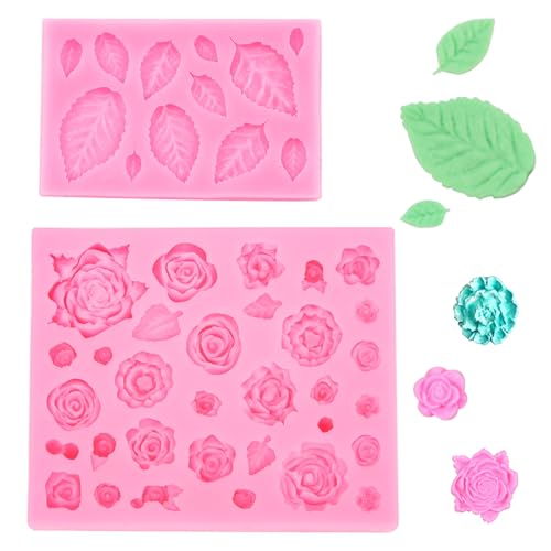 2 Pcs Rose Flowers and Leaves Chocolate Fondant Candy Silicone Molds for Cupcake Toppers