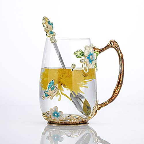 butterfly flower Glass Mug Tea Cup with Spoon Gifts For Women