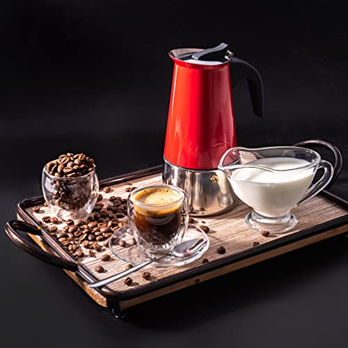 6 Cup Greca Moka Pot Red Stainless Steel Stovetop Espresso Maker (6 Espresso Cups)