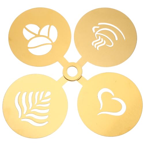 4pcs Golden Practical Latte Stainless Steel Reusable Stencils Mould Sugar DIY Baking Art Gold Decorating Cake Milk Cappuccino Templates Painting Tool Sieve Pattern Coffee Store (4 Count)