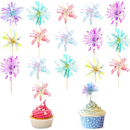 30 Pieces Happy Birthday Cake Toppers Foil Firework Cupcake Toppers Sparkle Tinsel Flower Drink Stirrers for Cake Decoration Party Supplies (30 Count)