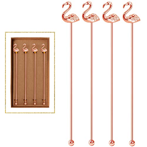 4 Pcs Flamingo Cocktail Stirrers Swizzle Sticks Stainless Steel 7.28" Coffee Stir Sticks with Decor Top for Mixing Cocktail