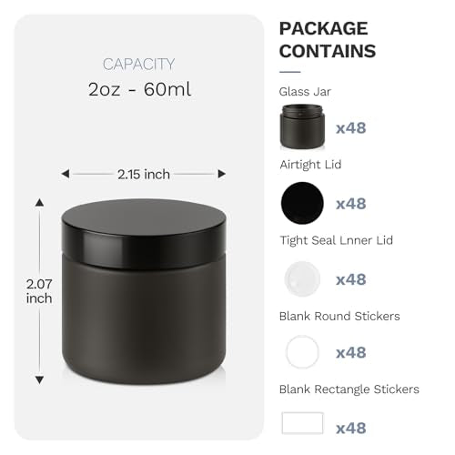 48 Pack 2 oz Black Small Glass Jars with Black Lids (48 Count)