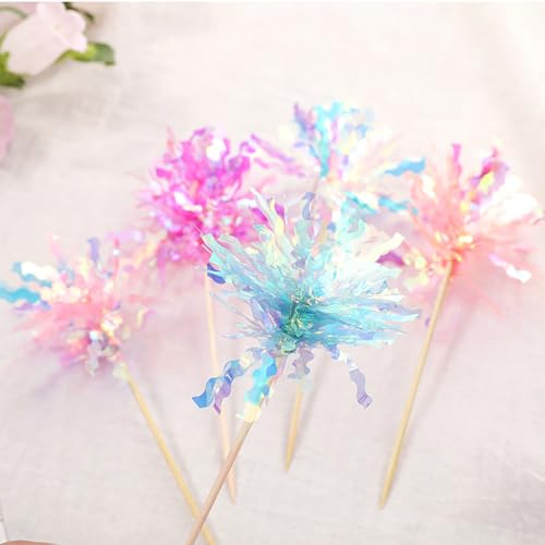 30 Pieces Happy Birthday Cake Toppers Foil Firework Cupcake Toppers Sparkle Tinsel Flower Drink Stirrers for Cake Decoration Party Supplies (30 Count)