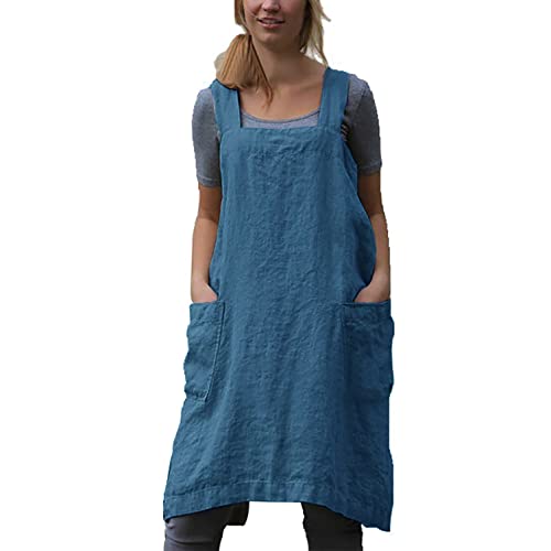 D Cotton Linen Apron Cross Back Apron for Women with Pockets Pinafore Dress for Baking Cooking