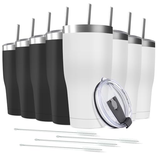 8 Pack 30oz Stainless Steel Tumblers Bulk Reusable Travel Mugs with Lid
