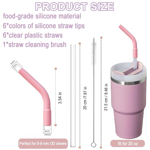 6 Pcs Reusable Color Silicone Straw Tips with Drinking Long Straws Compatible with Stanley 20 oz Cup Tumbler (12 Count)