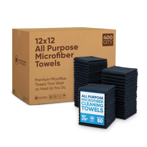 Bulk Black Microfiber Towels 12" x 12" Case of 400 (400 Count)