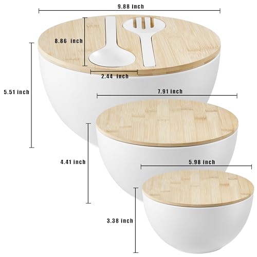 Large Salad Bowls with Bamboo Lids Set of 3
