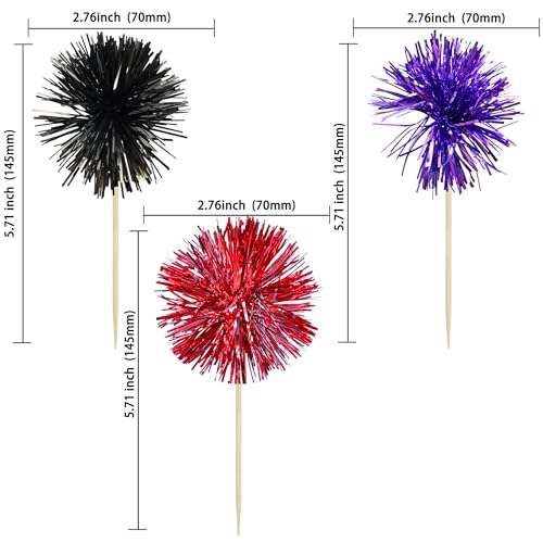 30Pcs Foil Firework Cupcake Toppers Sparkle Tinsel Cake Toppers Tinsel Drink Cake Decoration Cocktail Picks for Halloween Birthday Wedding Graduation Party Supplies Purple Black Red (30 Count)