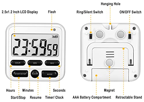 4-in-1 Digital Timer with Count Up/Down, Clock & Alarm, Ring & Silent Modes