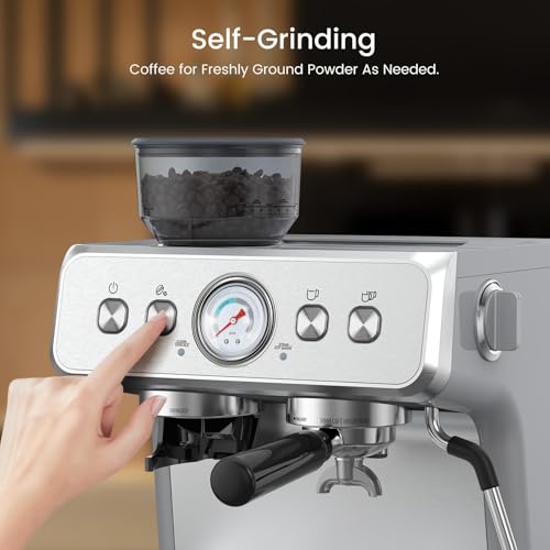 2026 Upgrade) Espresso Machine with Grinder, Expresso Coffee Machines with Built-in Anti-Clog Coffee Grinder/Milk Steam Wand/Frother, Expresso Machines for Home Perfect Cappuccino & Latte-Silver