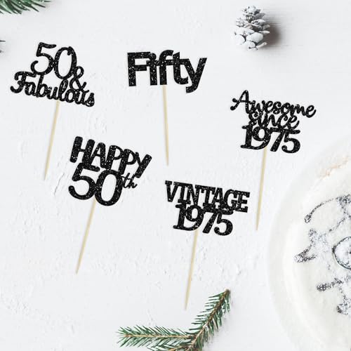 30Pcs Vintage 1975 Cupcake Toppers 50th Birthday Cake Decorations Cheers to 50 Fabulous Fifty Cupcake Picks 50th Birthday Wedding Anniversary Party Cake Decorations Supplies Black (30 Count)