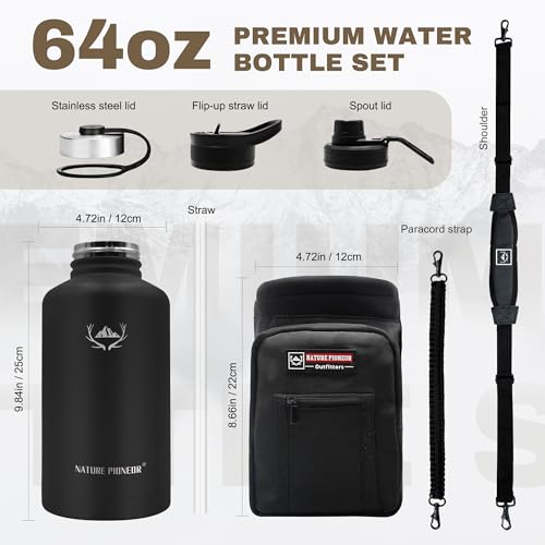 64 oz Insulated Water Bottle with Carrier Bag & 3 Lids