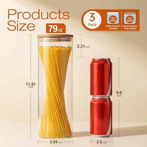 79oz Tall Glass Pasta Storage Containers with Airtight Bamboo Lids (3 Count)