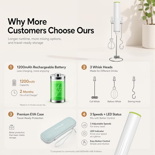 Milk Frother Handheld with 3 Stainless Steel Whisks