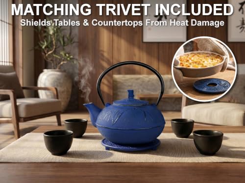 85 Oz XXL Blue Bamboo Cast Iron Teapot