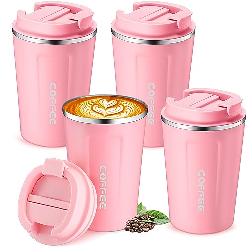 4 Pcs 13 oz Travel Coffee Mug Insulated Reusable Coffee Cups with Leakproof Lid Stainless Steel Portable Tumbler for Keep Hot or Ice Milk Tea