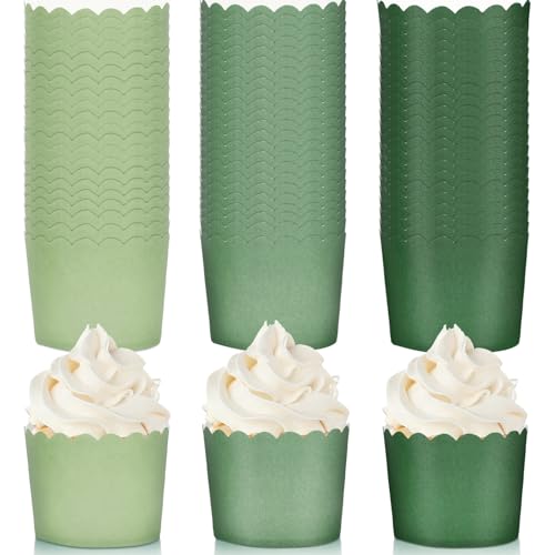 120Pcs Sage Green Paper Baking Cups Scalloped Edge Cupcake Wrappers Gradient Green Cupcake Muffin Cases for Wedding Birthday Baby Shower (120 Count)