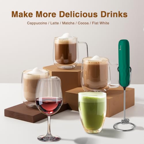 Ultra Fast Handheld Milk Frother Double Whisk with Stand 2 Batteries Stainless Steel for Lattes Cappuccino Matcha Hot Chocolate Coffee Bar Accessories Kitchen Gadgets Gift